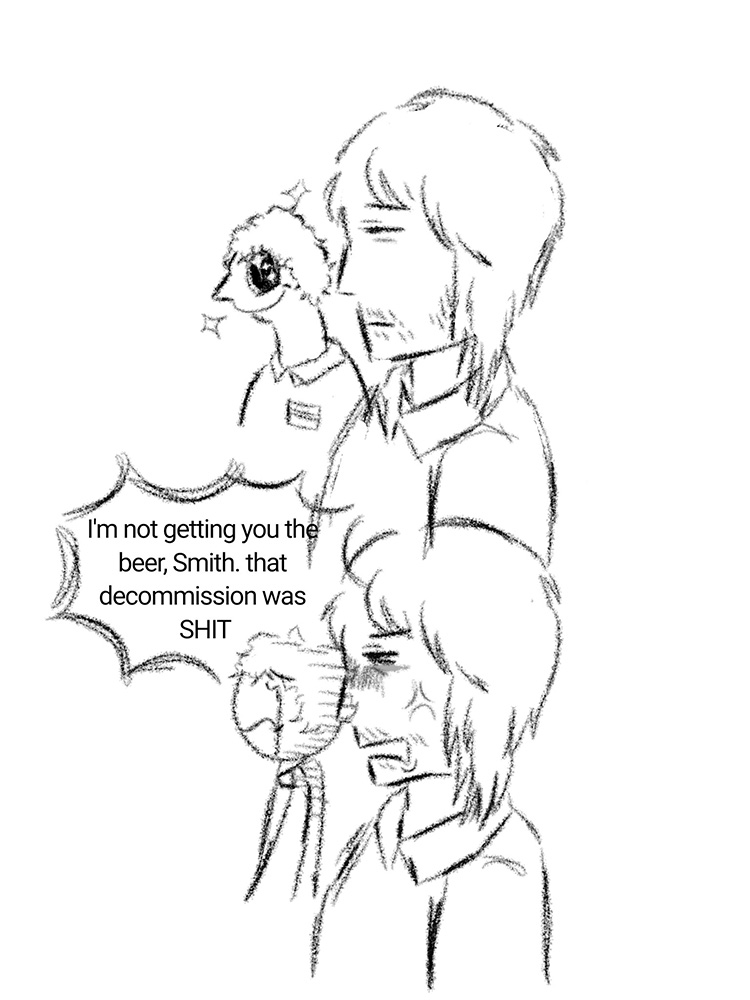 Sketched artwork of protagonist SMITH-CLEMENCE being lambasted by a fellow colleague