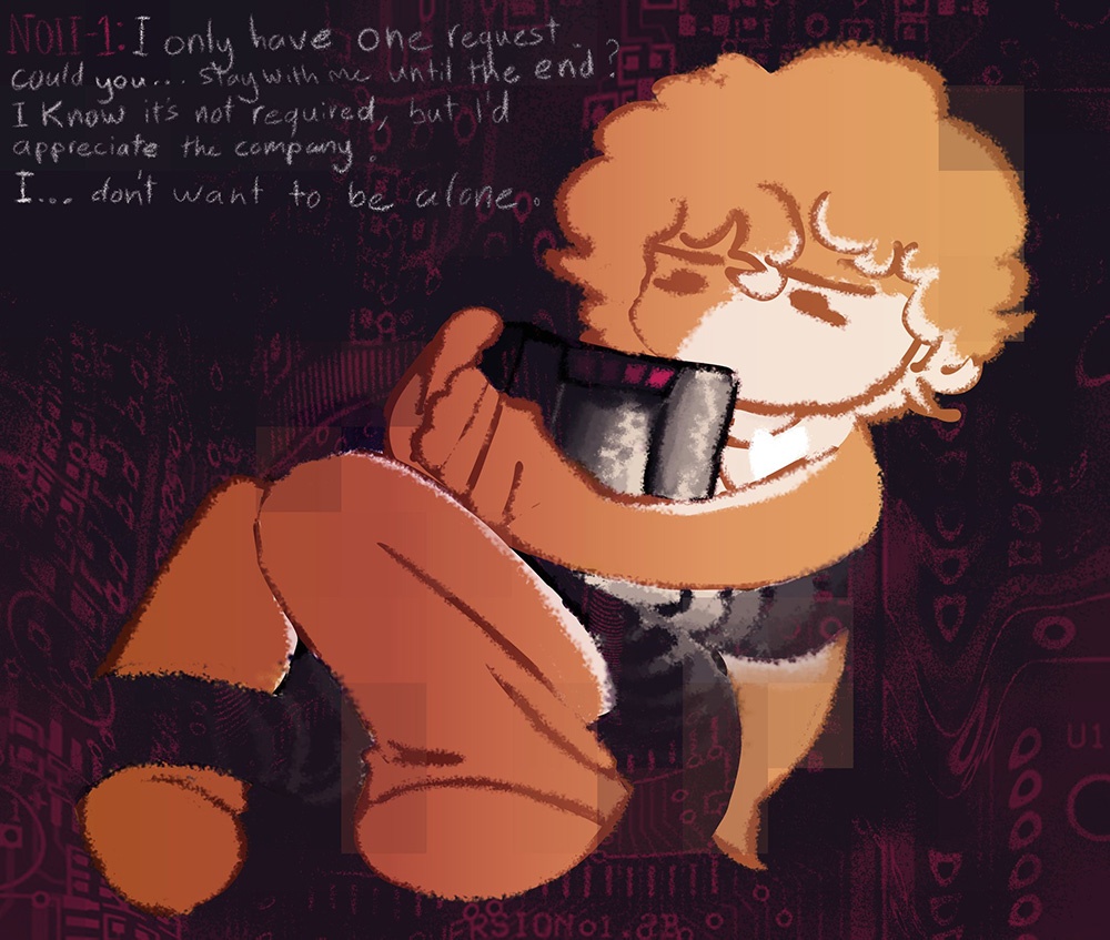 Sketched artwork of protagonist SMITH-CLEMENCE consoling an artificial lifeform in its final moments
