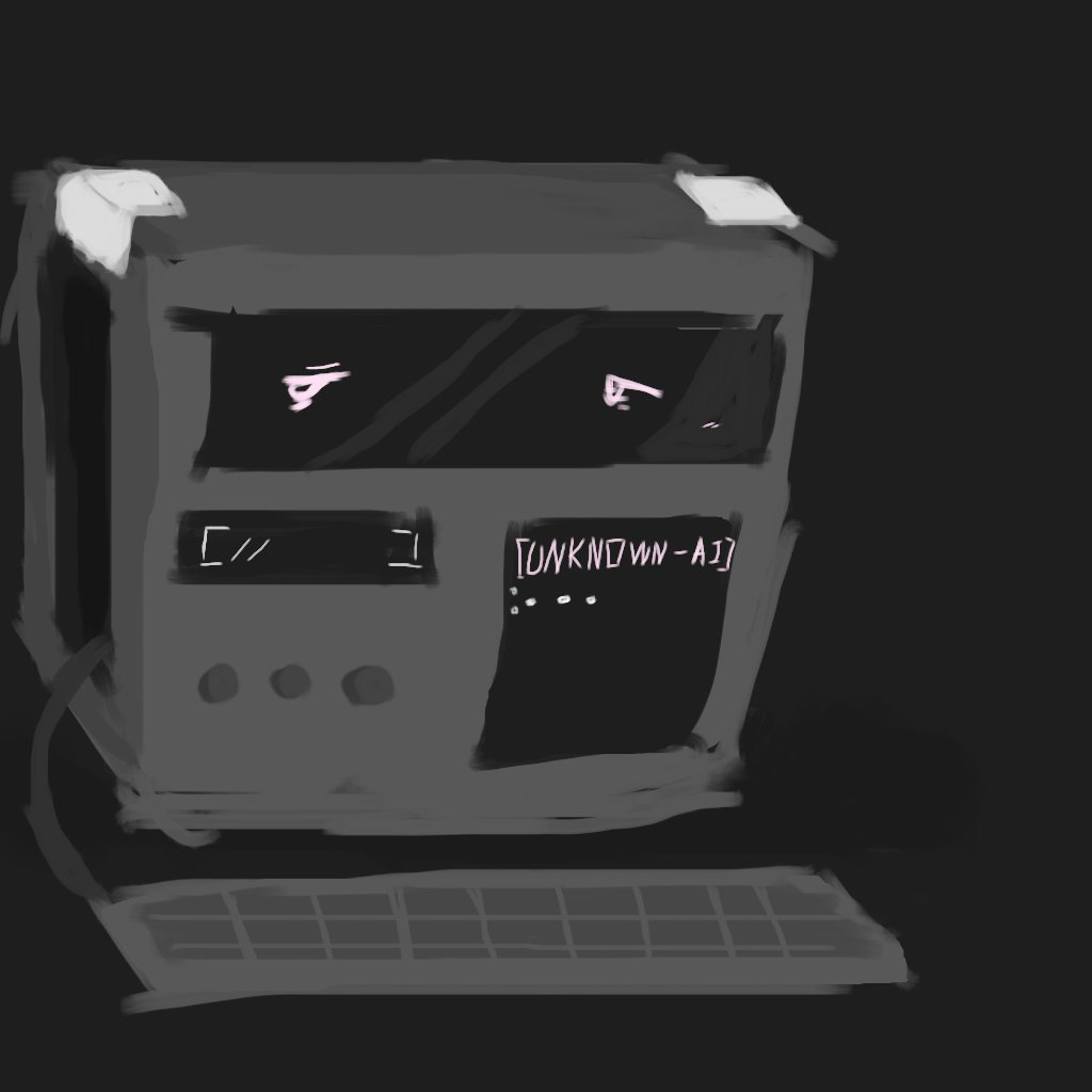 Sketched artwork of an artificial lifeform, taking the shape of a computer and keyboard