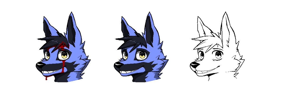 A triple headshot of a grinning blue fox, featuring line art, full colour, and a version with blood dripping eerily over his eye