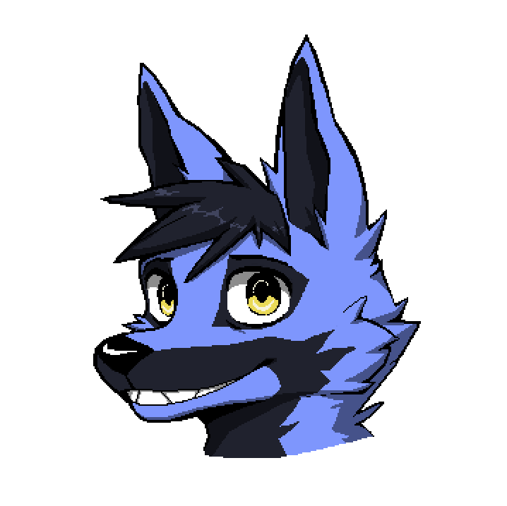 A headshot of a grinning blue fox