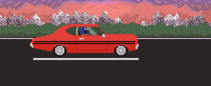 A pixel art gif of a blue fox traversing the road in a bouncing red sports car