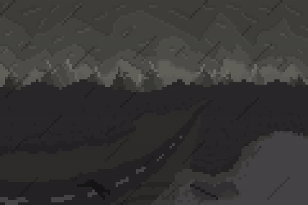 A pixel art gif of a rainy roadside, with the dark outline of a person on the road