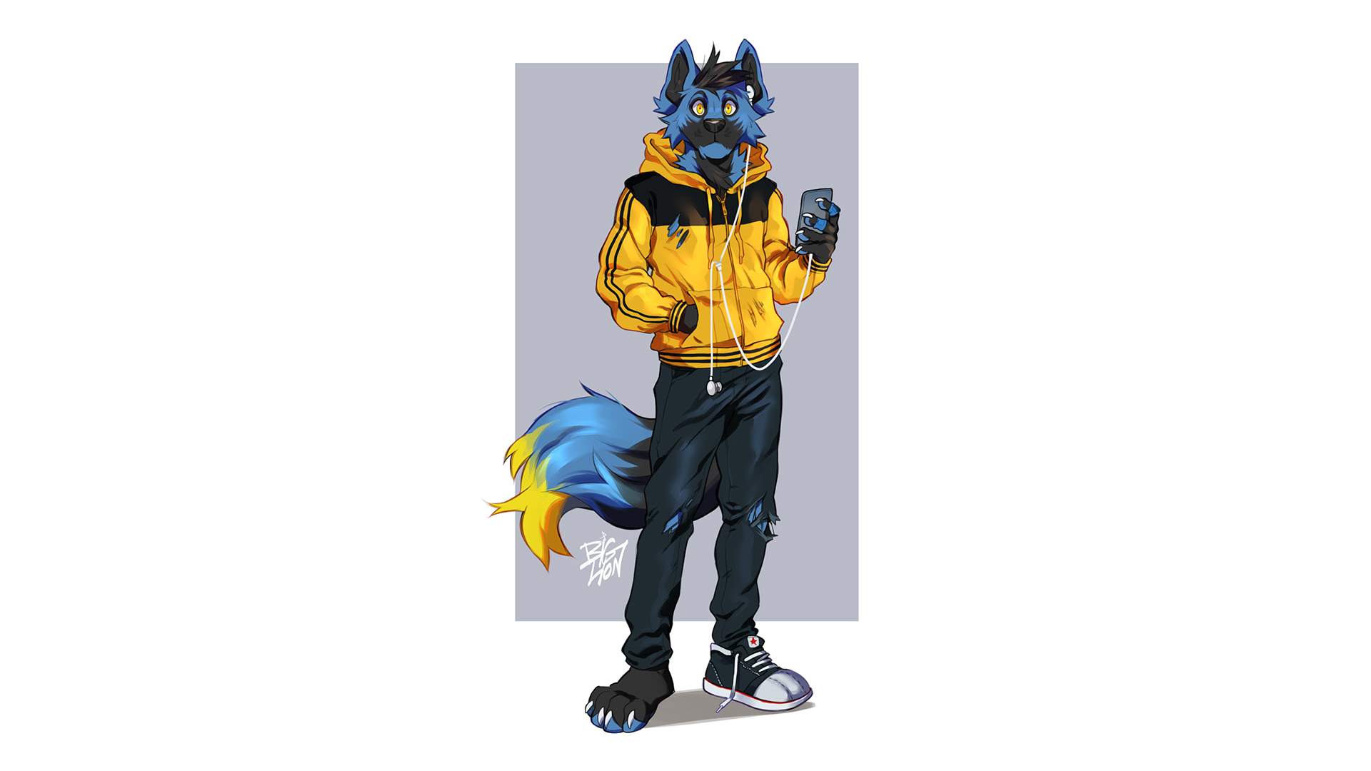 A full-body portrait of a bedraggled blue fox in a black and yellow jacket and jeans