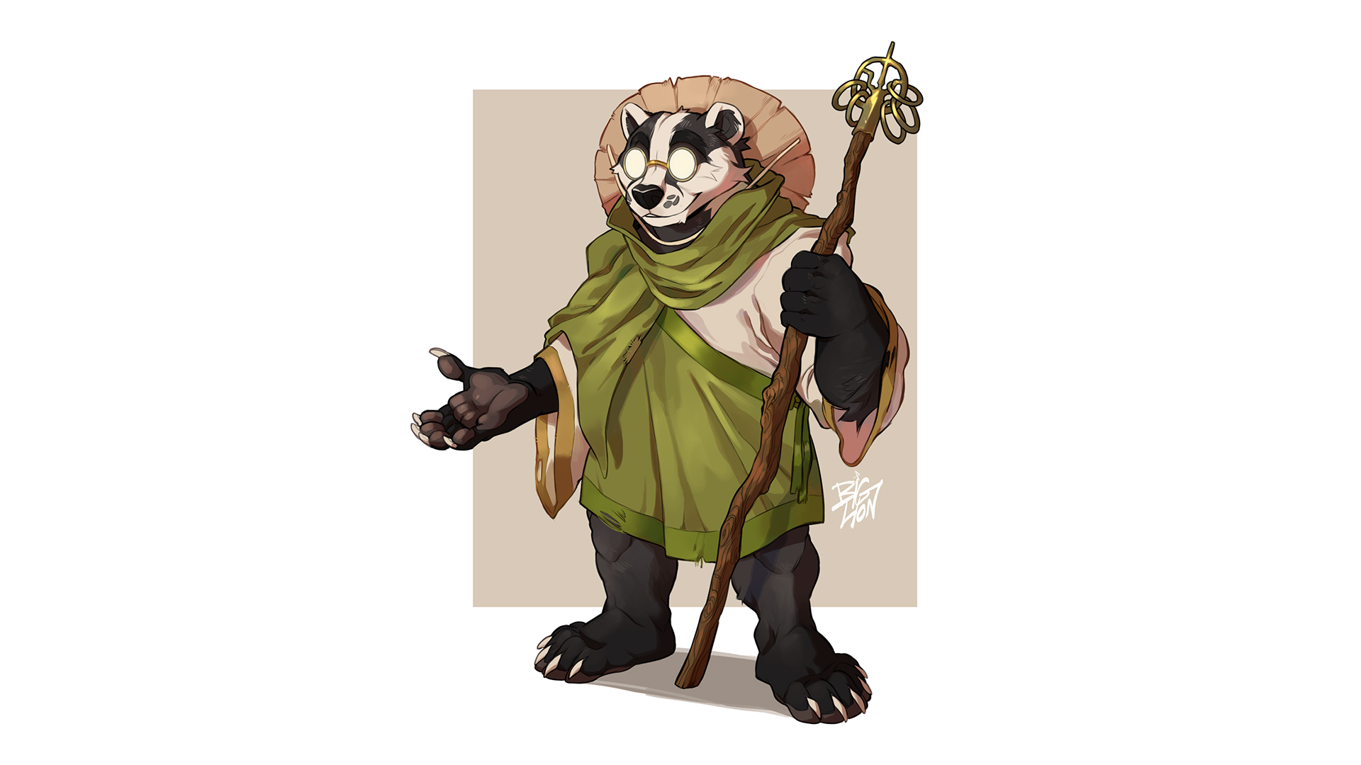 A full-body portrait of a friendly badger in a green robe, holding a five-ringed wooden staff