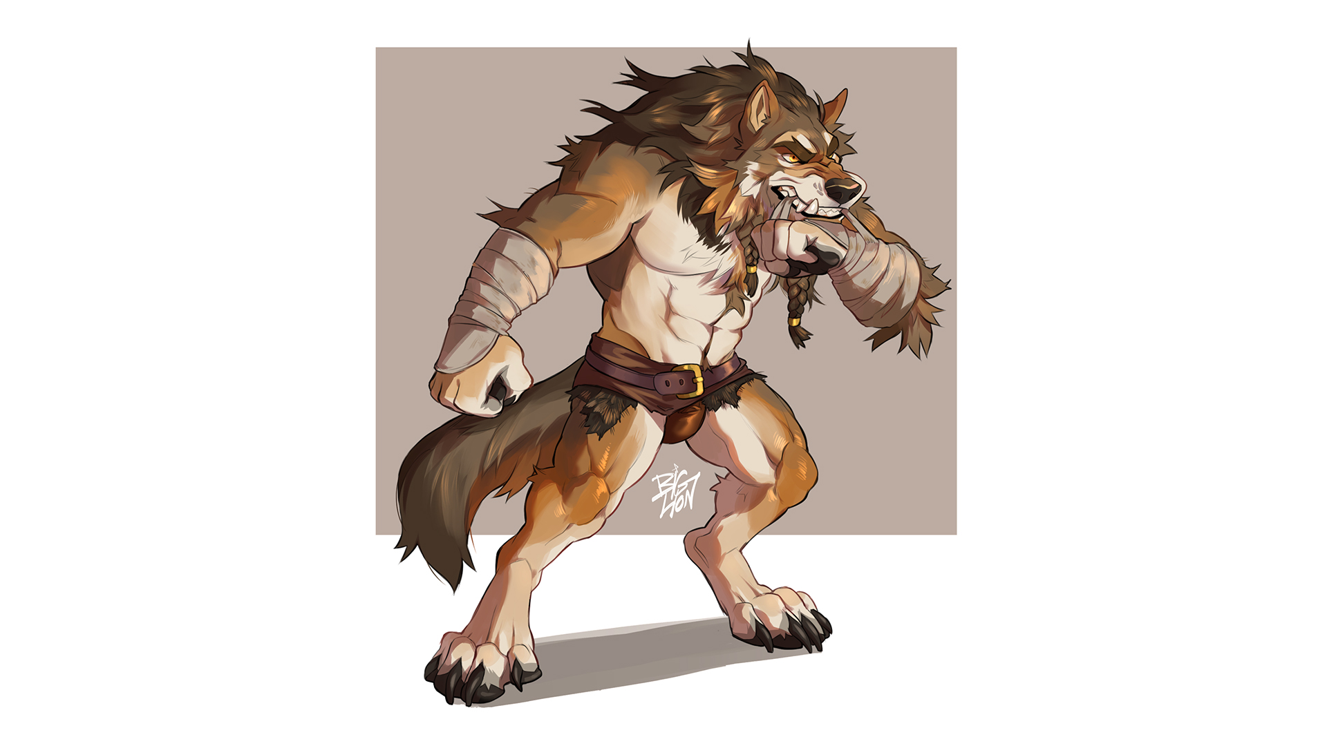 A full-body portrait of a fearsome wolf in a leather loincloth, with boxer-style hand wraps