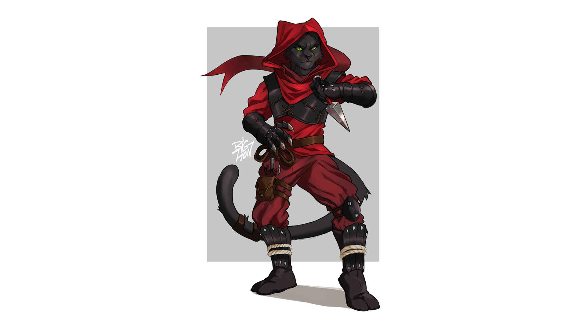 A full-body portrait of a determined black cat, outfitted in crimson robes and sparse armour plating