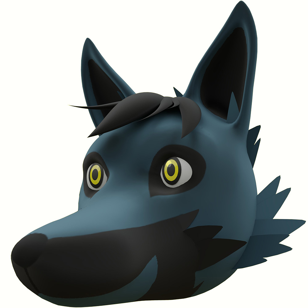 A 3D rendered headshot of a smiling blue fox