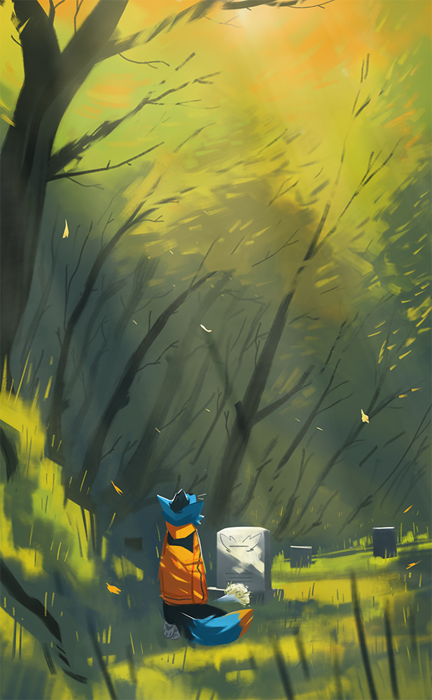 A blue fox in a black and yellow jacket sits before a gravestone in a picturesque forest