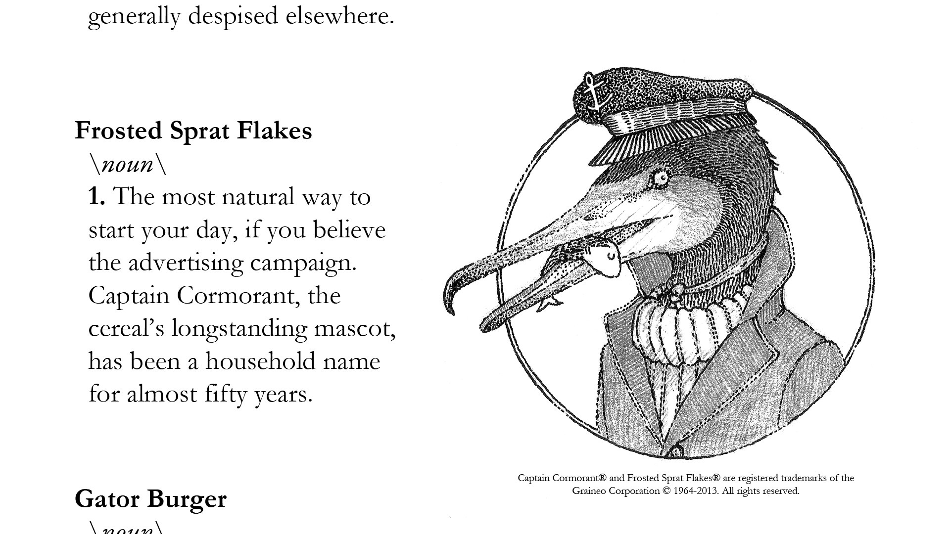 A dictionary definition of Frosted Sprat Flakes, accompanied by the cereal's mascot, Captain Cormorant