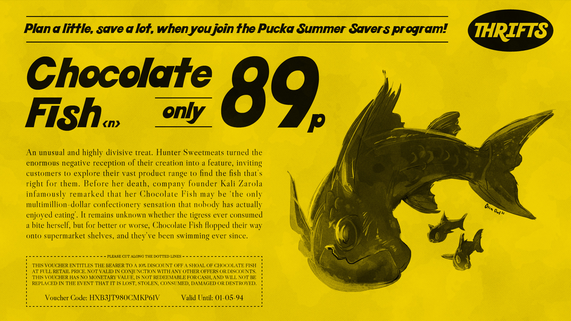 A coupon for Chocolate Fish, featuring a detailed illustration and description