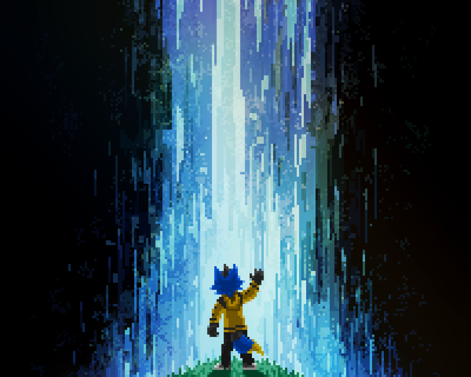 A pixel art drawing of a blue fox in a black and yellow jacket standing before an enormous cascading waterfall