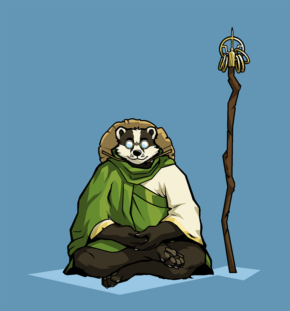 A badger sits with crossed legs, meditating with his wooden staff standing freely