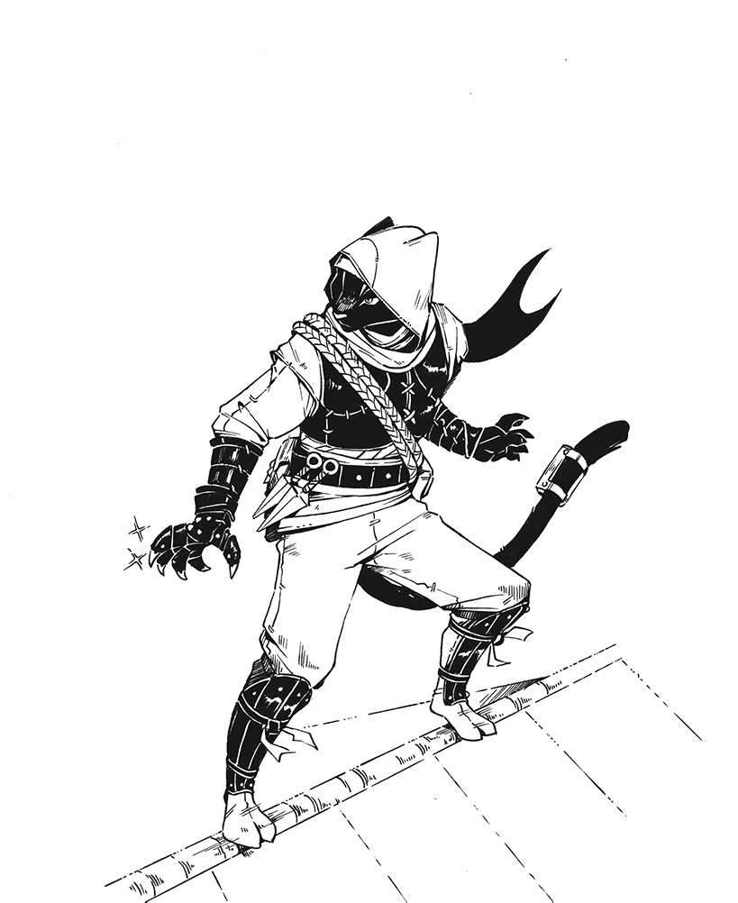A black cat in flowing robes and armour traverses the rooftops with her hood down