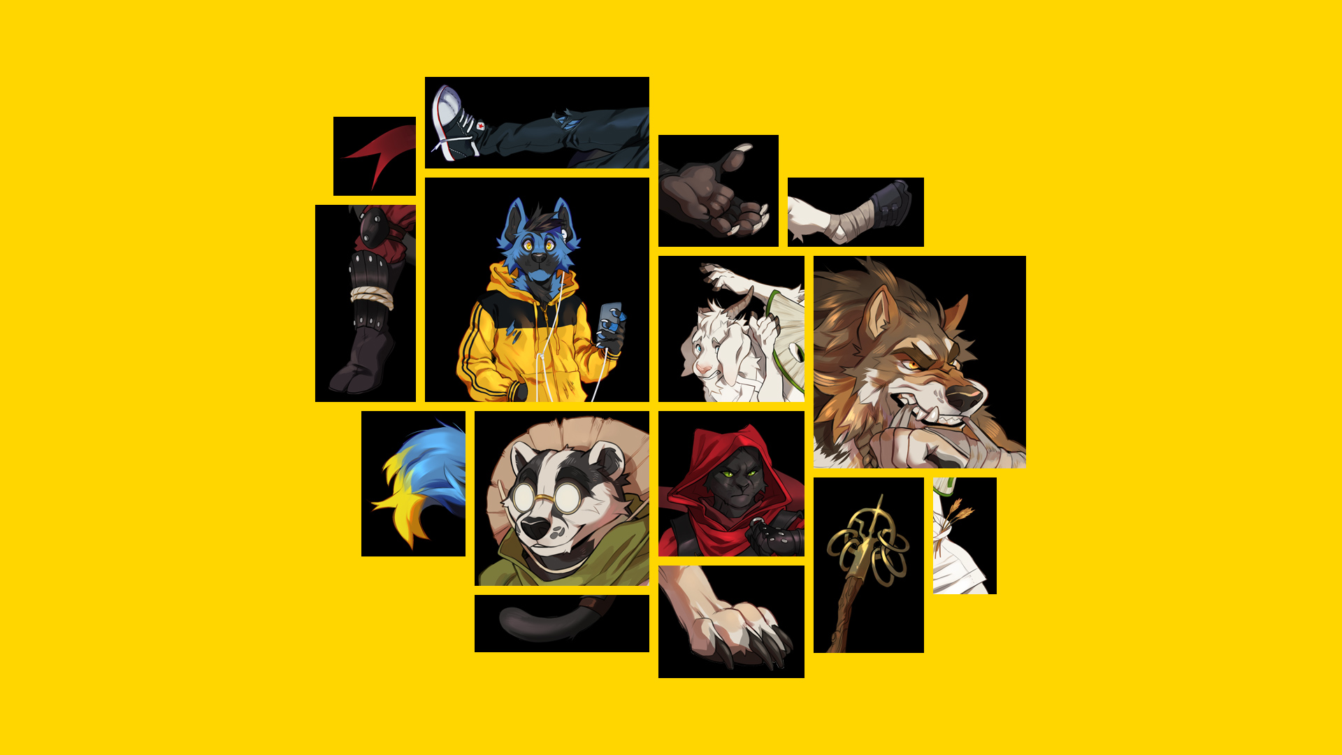 Coloured rectangles feature disorientating snapshots of animals in various styles of clothing and states of disarray