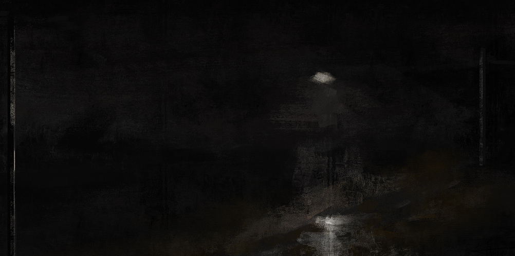 A moody, smoky painting of a dimly lit roadside