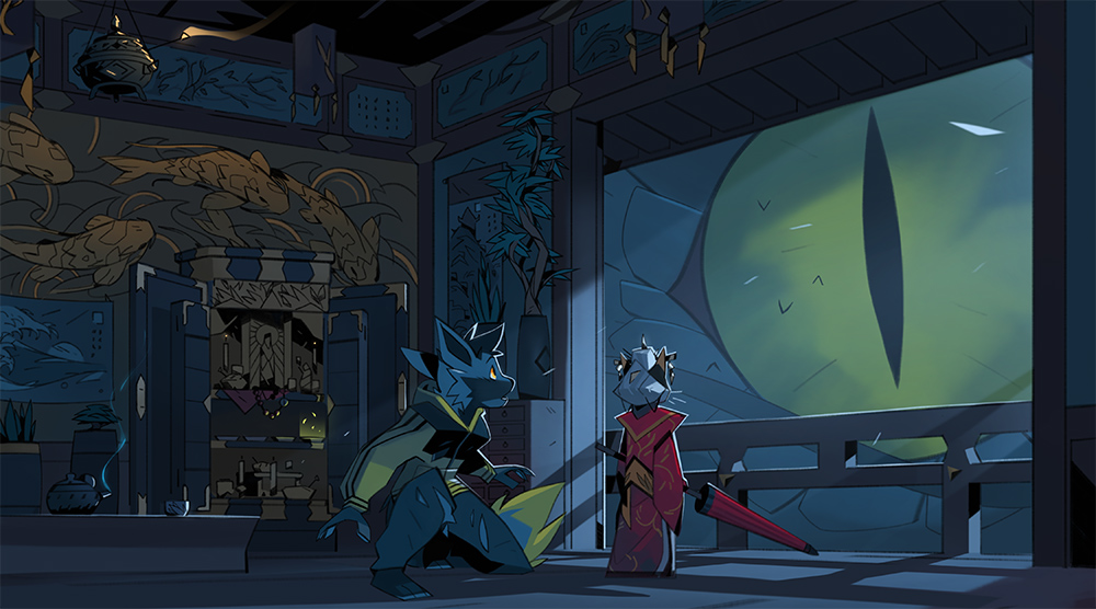 Crouched in a study, a blue fox cowers before a gigantic green eye looming over the balcony, while a shorter cat in an ornate dress looks to challenge it, armed only with an umbrella