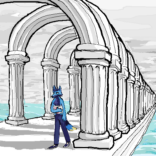 An injured blue fox walks through a seemingly infinite series of arches in the mist