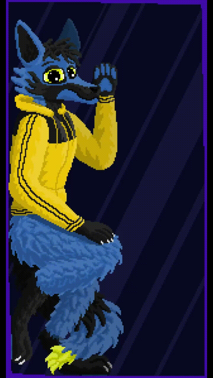 A blue pixel art fox in a black and yellow jacket waves at the viewer, breathing gently. Art credit goes to Dreg Vernon on Bluesky.