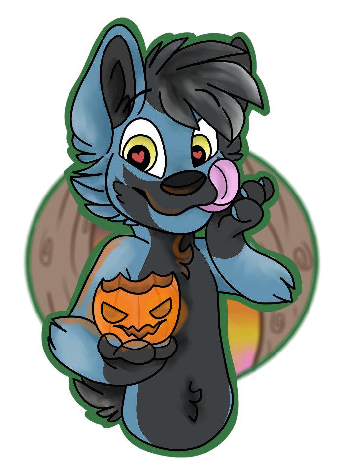 A cute drawing of a blue fox playing with a hollowed-out pumpkin