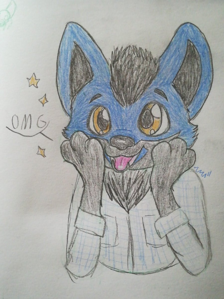 A cute drawing of a blue fox clutching his face