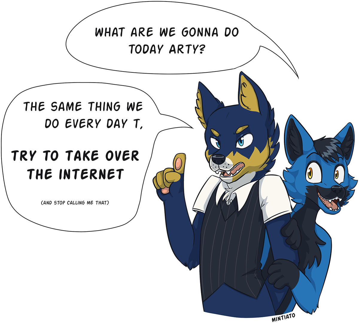 A cute drawing of a blue fox and a blue dog plotting to take over the world