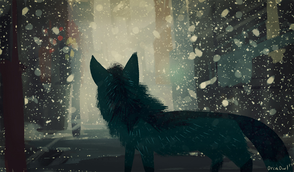 A four-legged blue fox gazing upon a mysterious winter scene