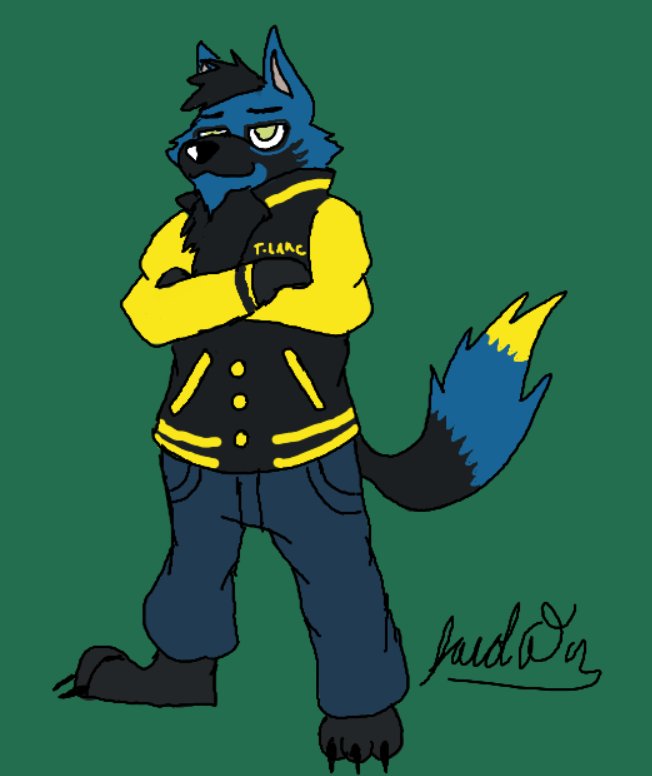 A cute drawing of a blue fox in a yellow jacket, doing a cool dude pose with his arms crossed