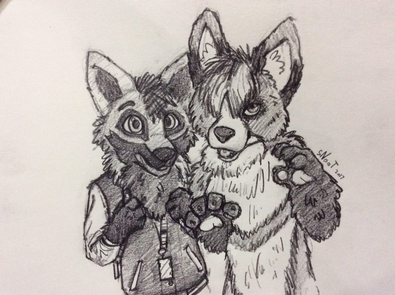 A very realistically rendered drawing of a blue fox and red hellhound, both with the exaggerated proportions of fursuits