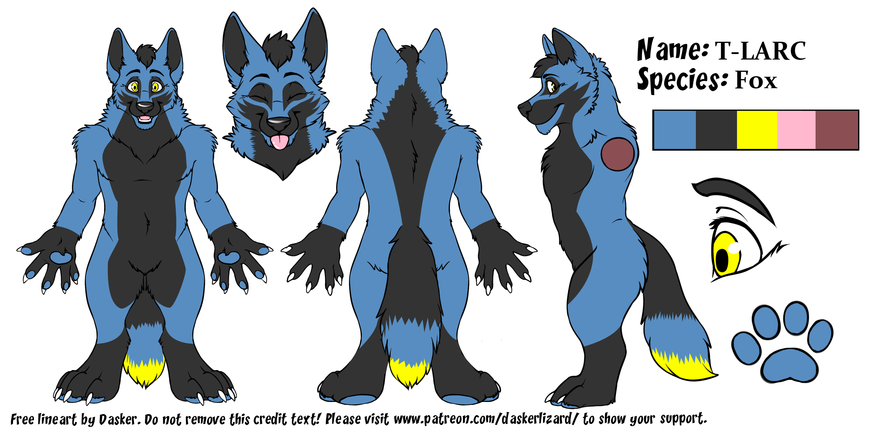 Multiple views of a blue-and-black fox, including a headshot, and a swatch for his colours