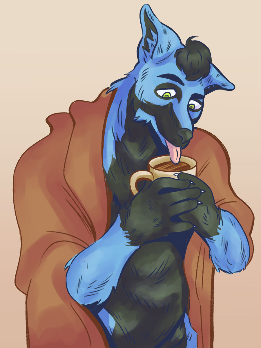 A blue fox fighting with his hot chocolate
