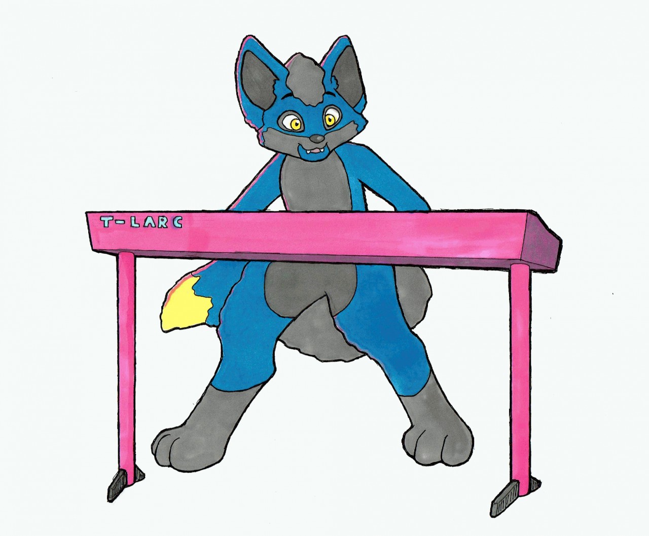 A cute drawing of a blue fox jamming out on a pink piano