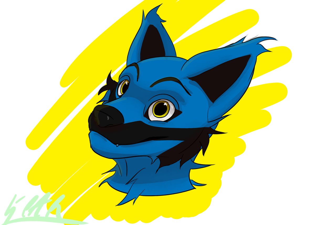 A cute drawing of a blue fox with a sketchy yellow background