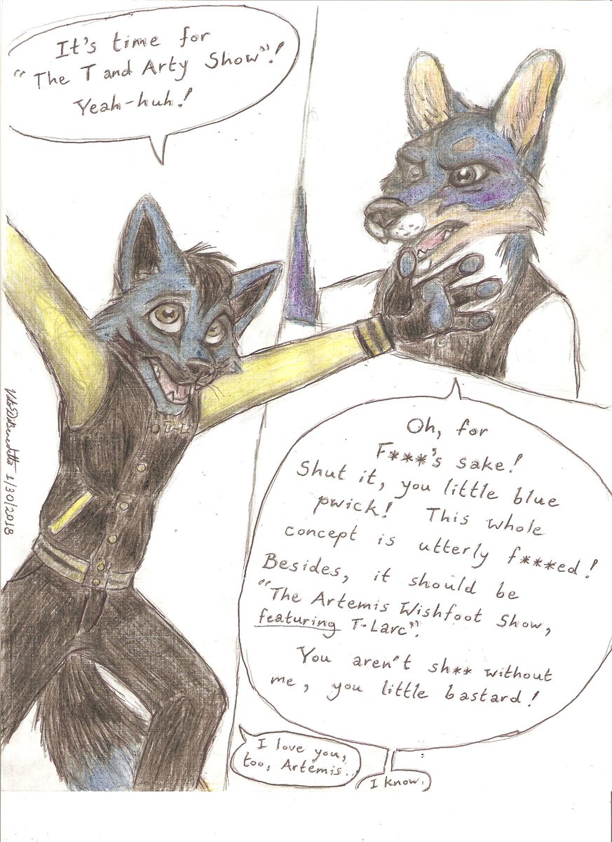 A cute drawing of a blue fox and a blue dog endlessly arguing about who gets the titular billing on their show