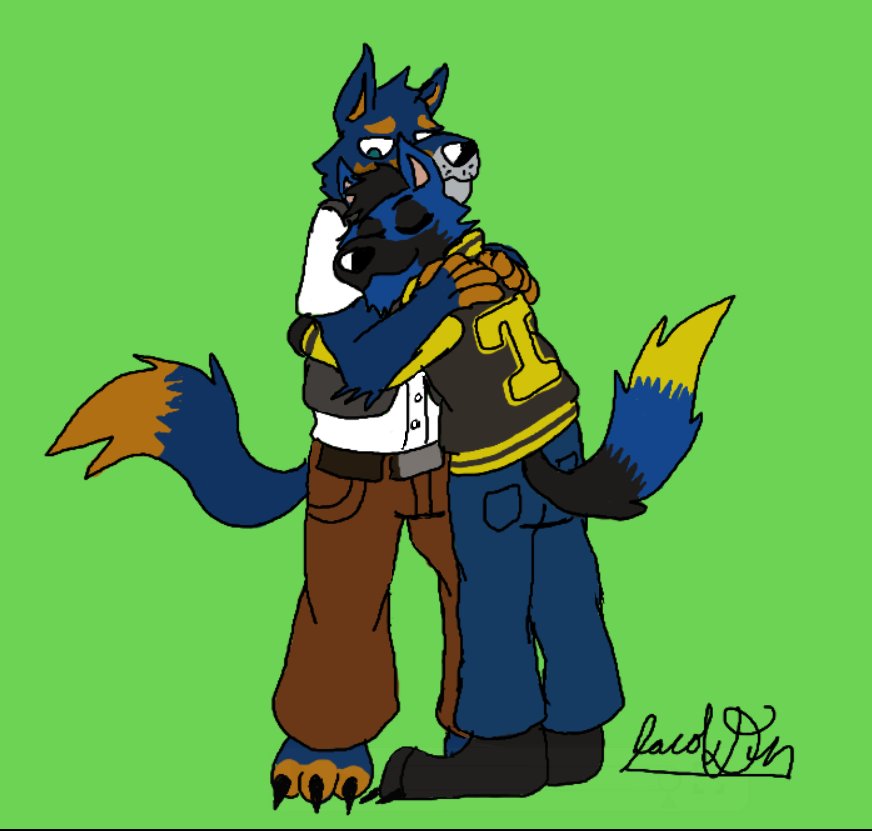 A cute drawing of a blue fox and a blue fox sharing a hug