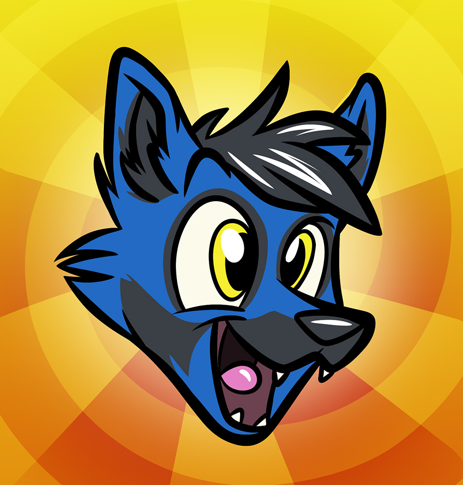 A cute drawing of a blue fox screeching, with a crazy Looney Toons-style background