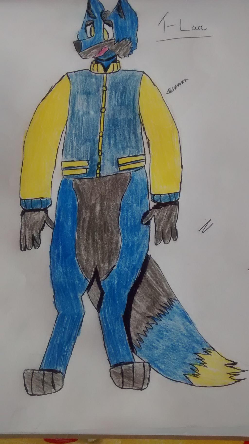 A cute drawing of a blue fox in a yellow jacket