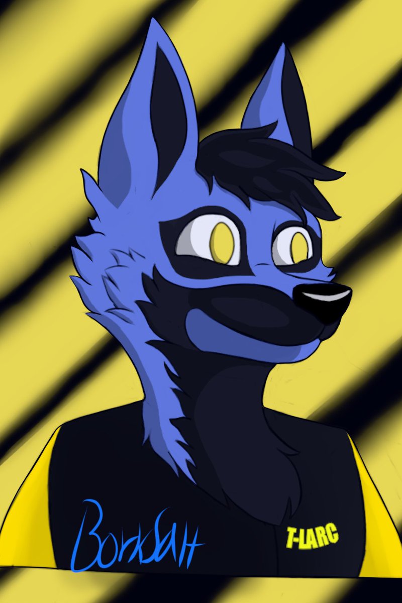 A cute drawing of a blue fox looking very happy