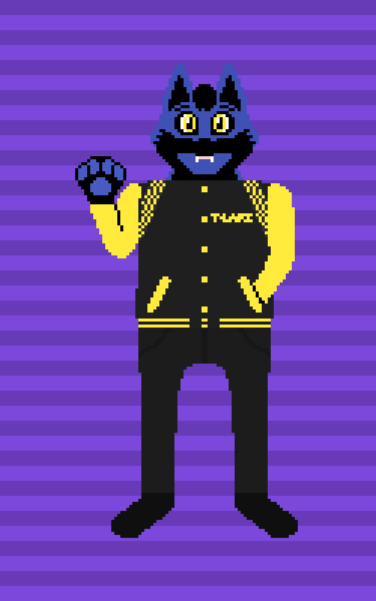 A cute gif of a blue fox in a yellow jacket waving to the viewer