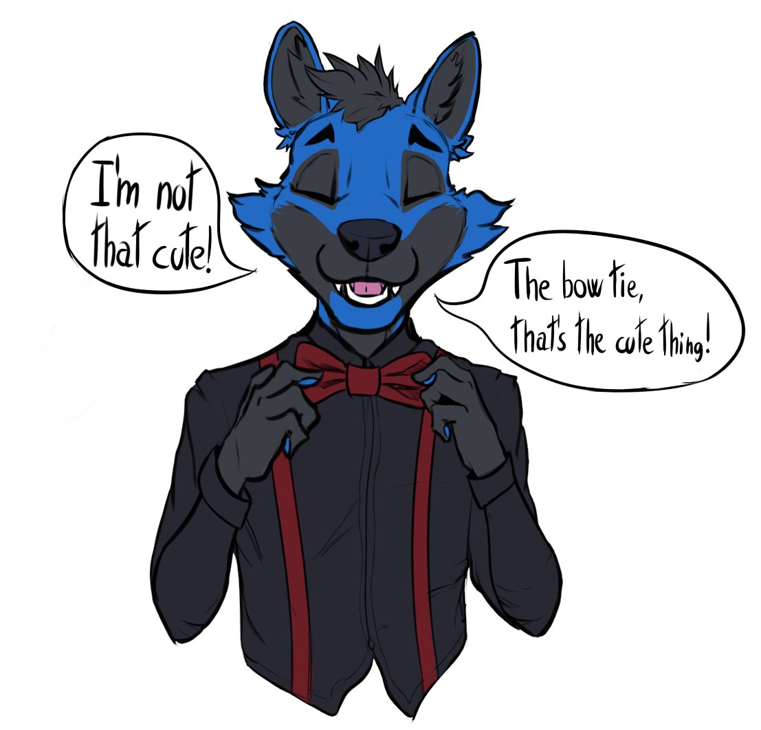 A cute drawing of a dapper blue fox rocking a dress shirt, burgandy braces and a burgandy bow tie, quoting the 11th Doctor