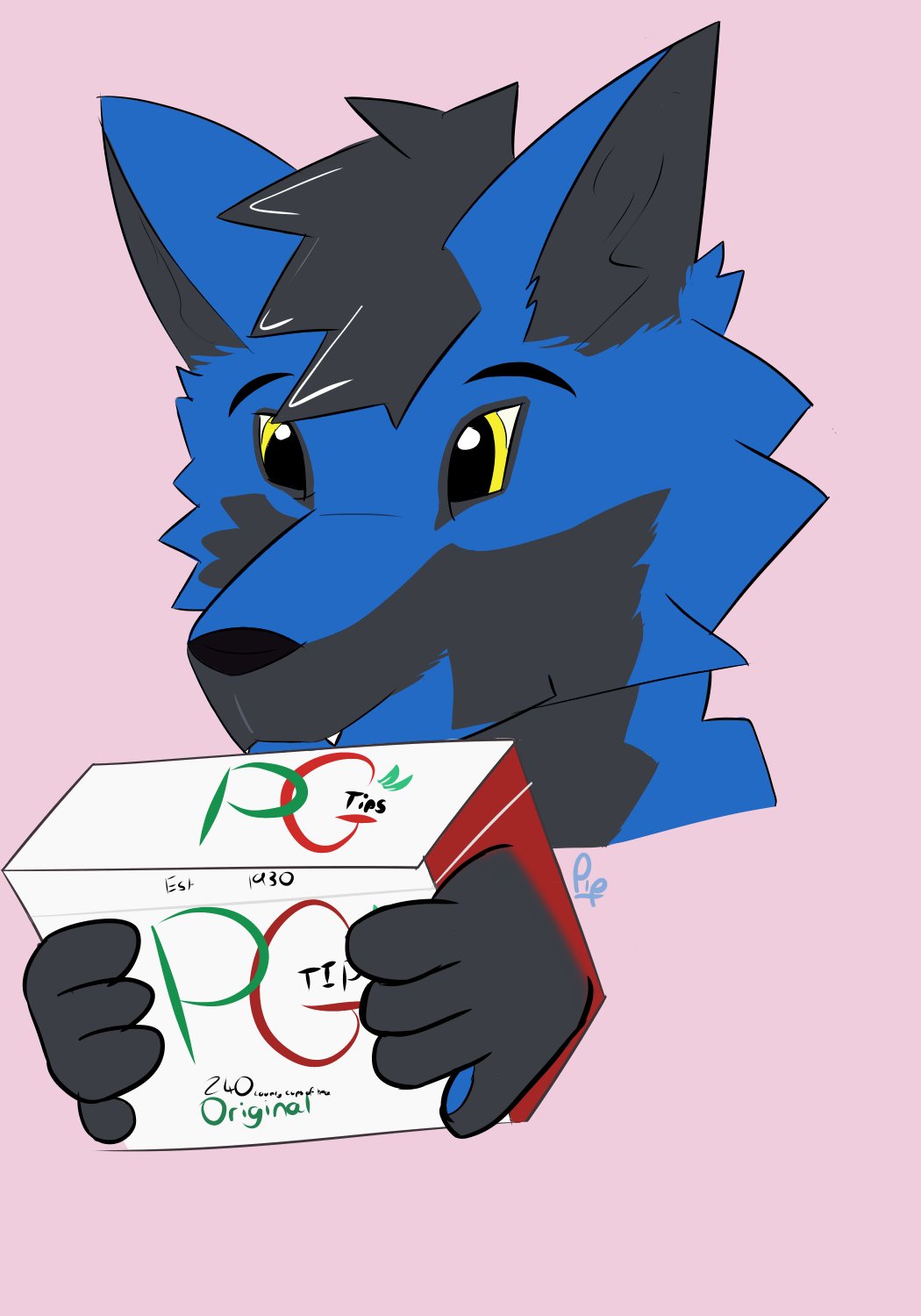 A cute drawing of a blue fox clutching a perfect, delicious box of PG Tips teabags