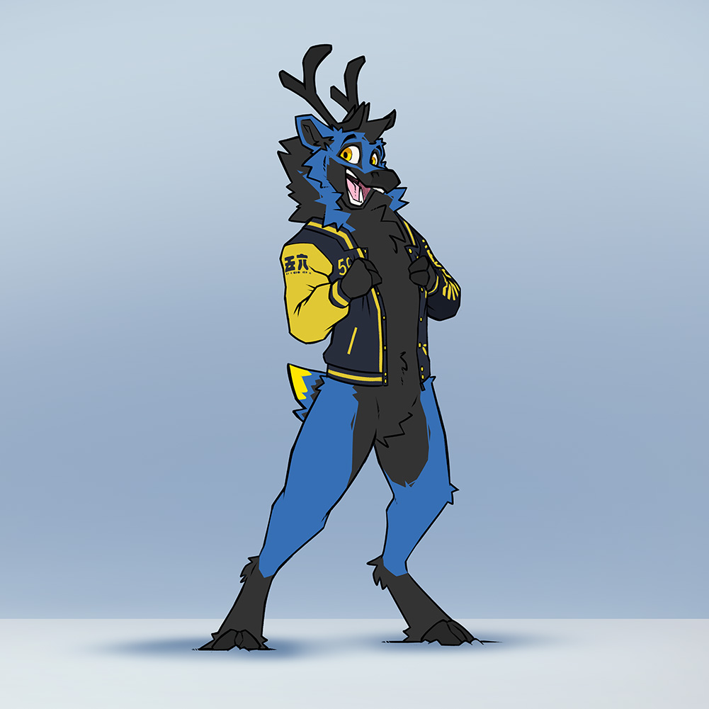 A cute drawing of a blue caribou in his favourite techwear yellow jacket