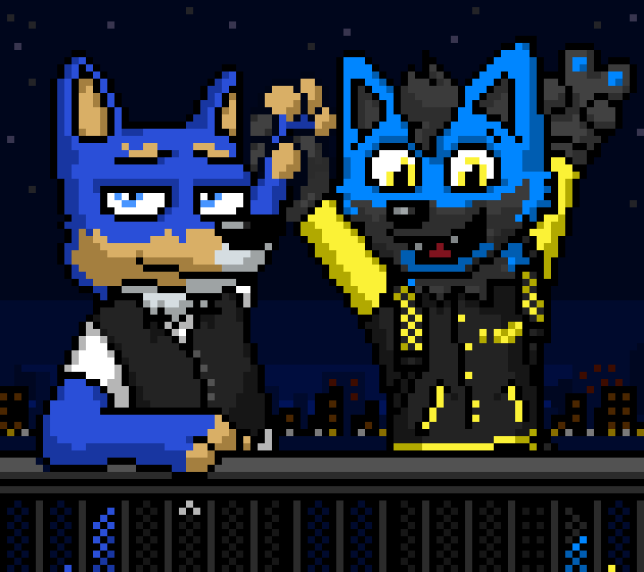 A cute drawing of a blue fox and a blue fox happily giving the peace symbol to the viewer